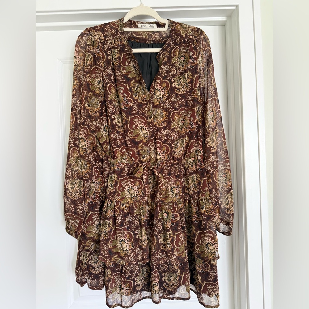 Dex Brown Paisley Long-Sleeve Tie-Waist Dress